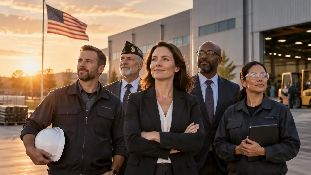 Veteran and business leaders outside an American plant