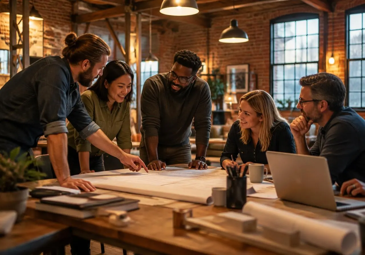 A team planning together around a workshop table